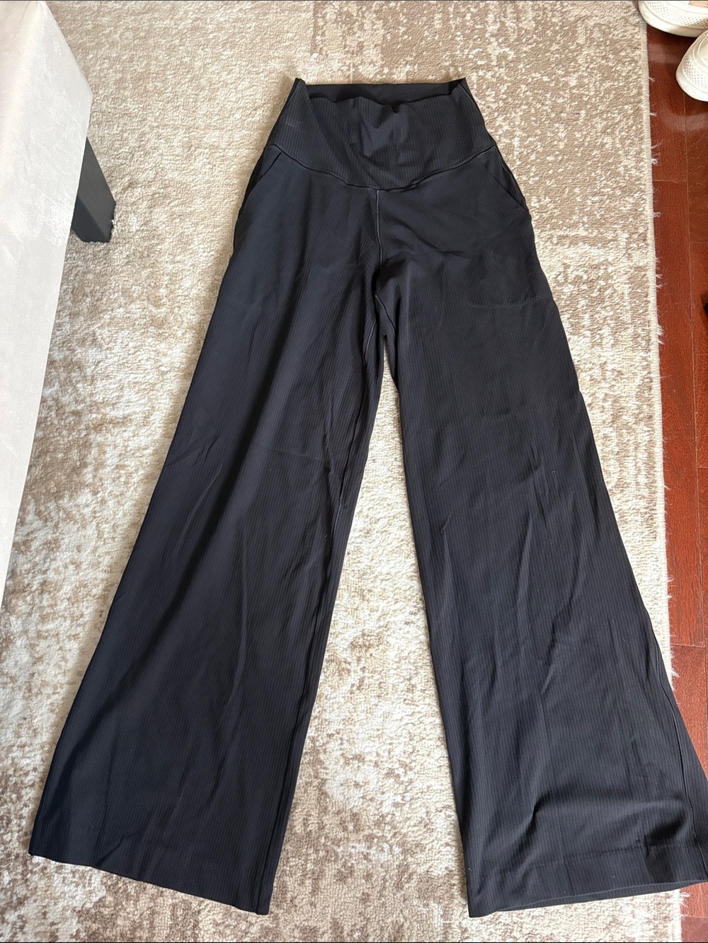 aerie Wide-Leg Black High-Waist Ribbed Pants
